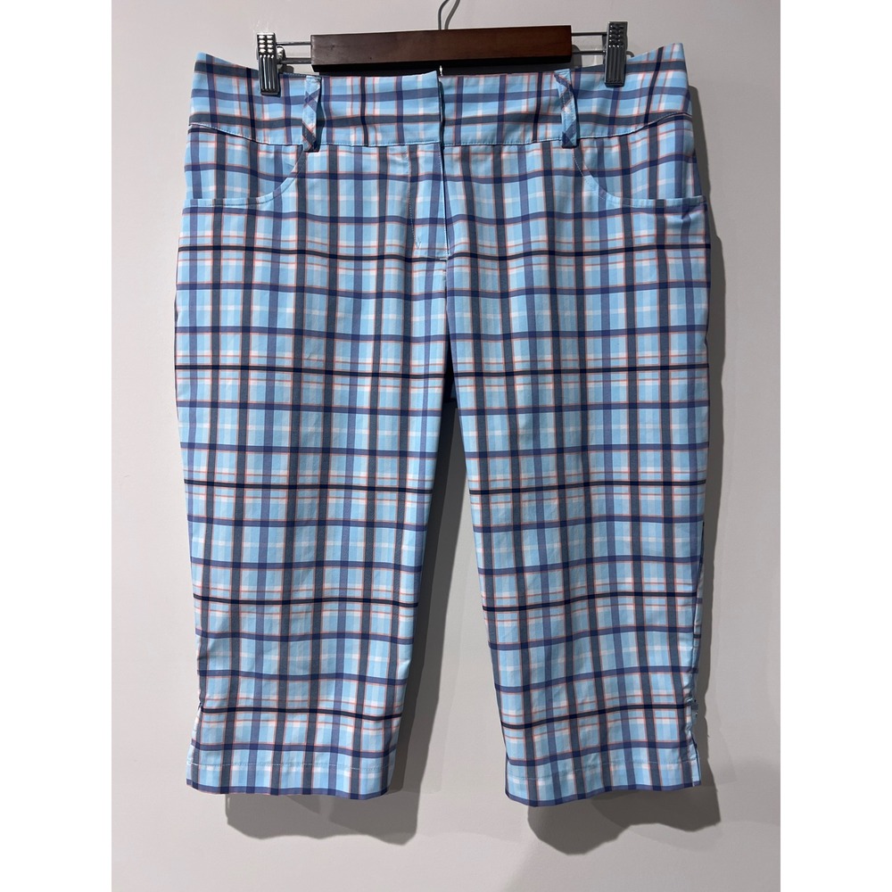 Adidas Climalite Women's Bermuda Golf Shorts  Blue Orange Plaid Checkered Size 8